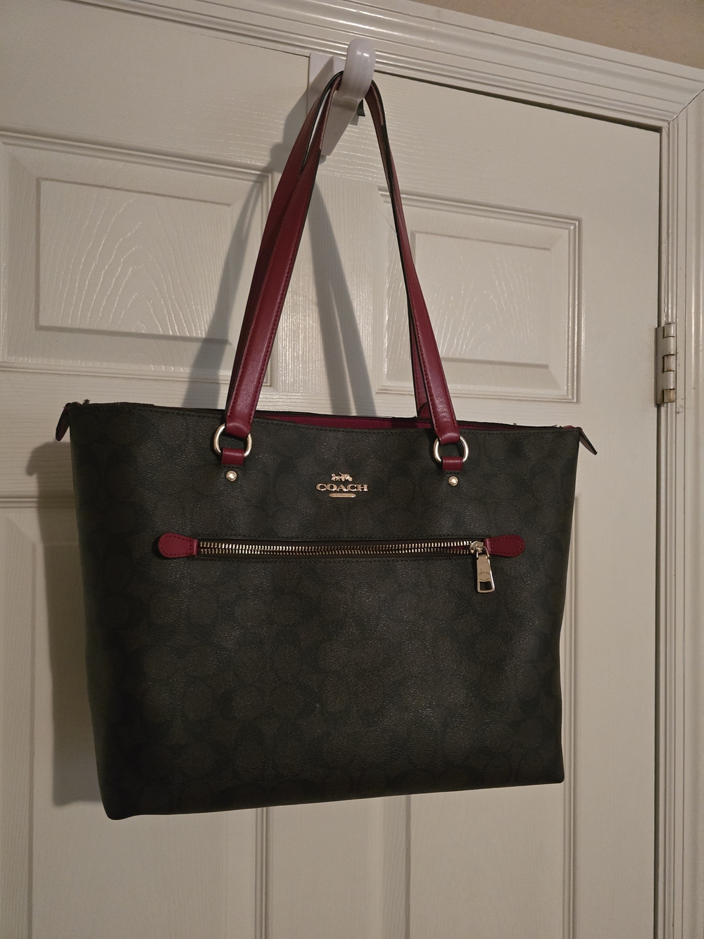 COACH Signature Tote Bag in Dark Brown with Red Accents